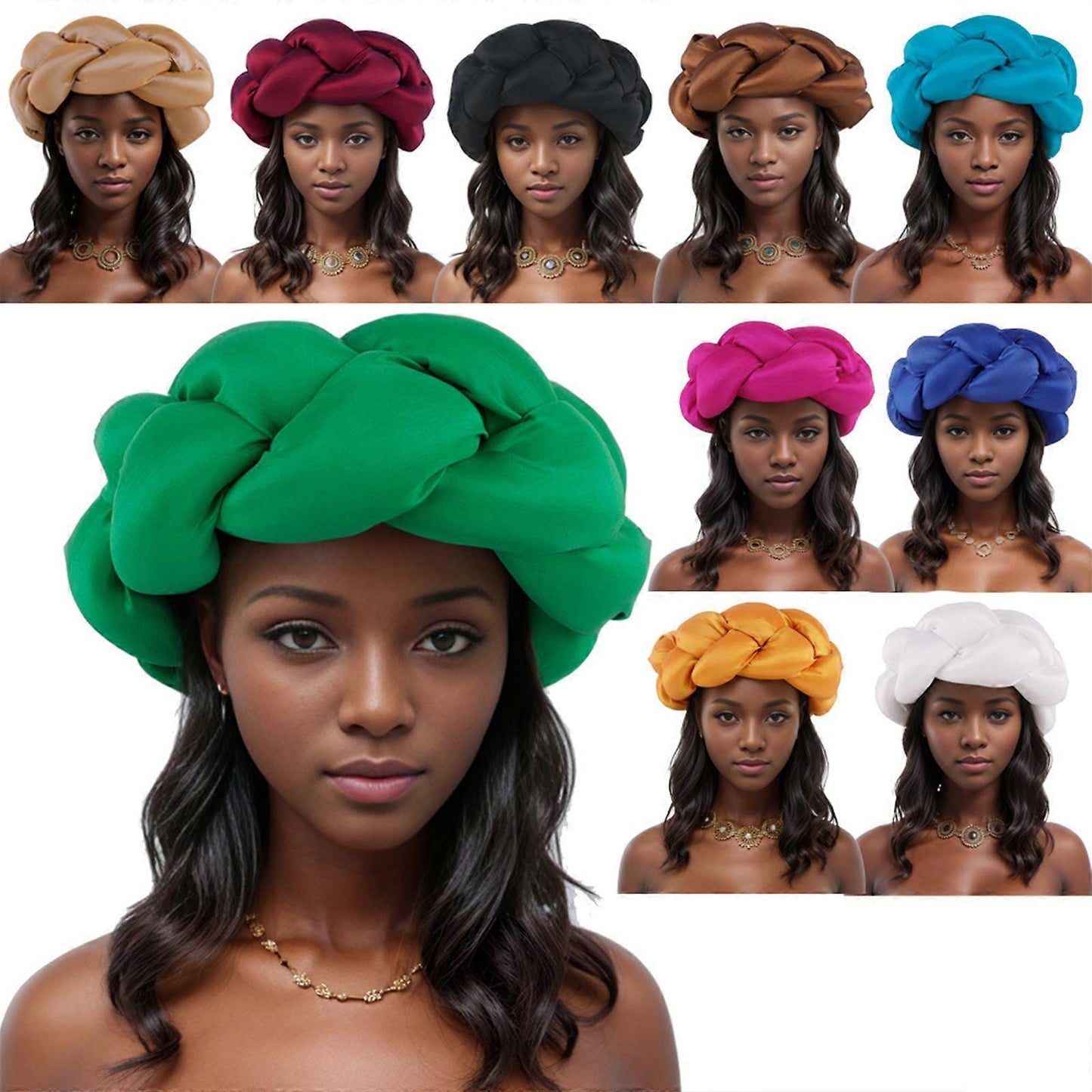 Large knotted headwrap or turban hat in multiple colors, including green, tan, burgundy, black, brown, blue, pink, orange, and white.