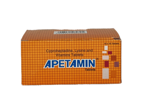 Box of Apetamin tablets on a front view.