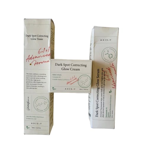 Axis-Y skincare product packaging including a cream and toner.