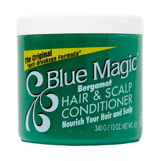 Green jar of Blue Magic Bergamot Hair & Scalp Conditioner.