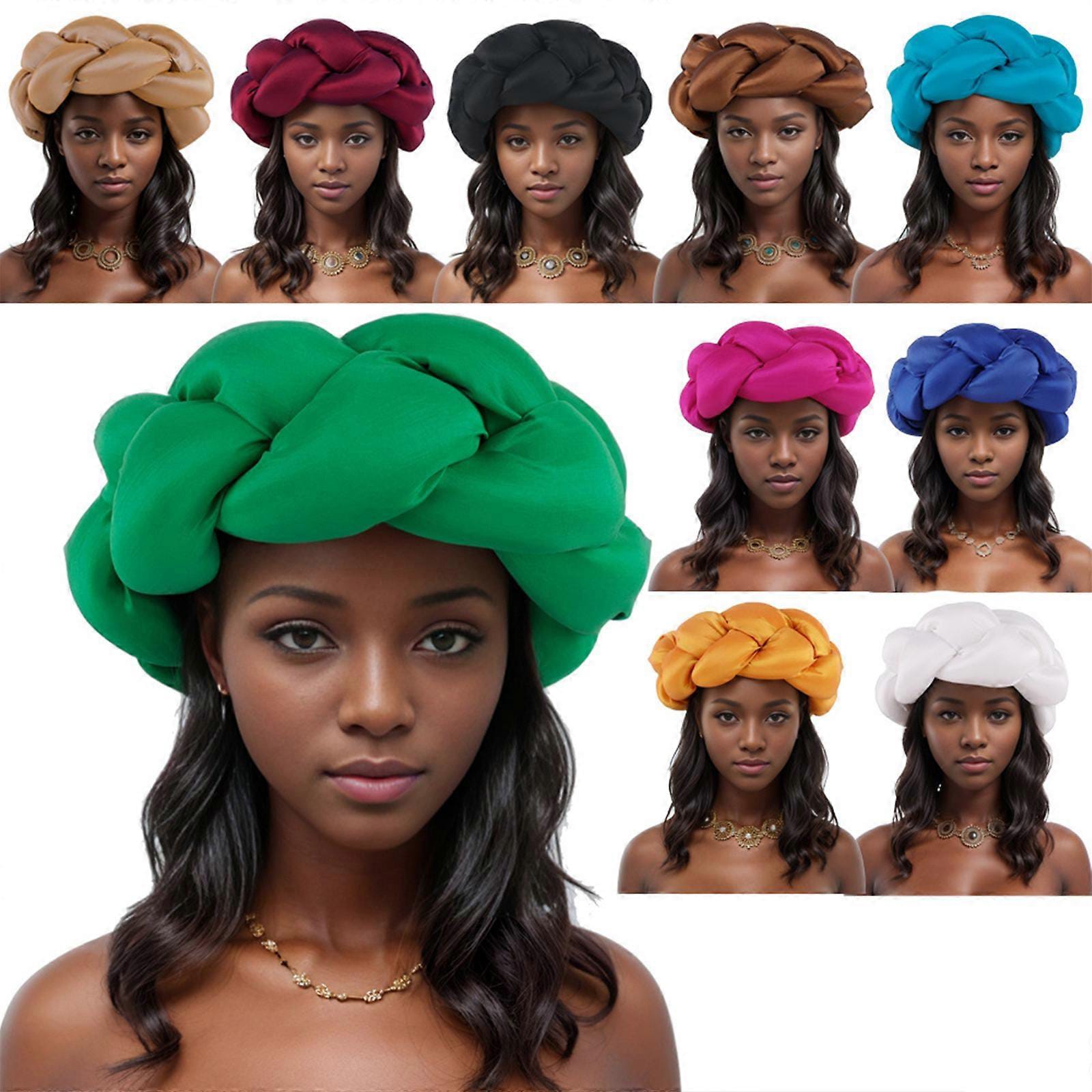  Large knotted headwrap or turban hat in multiple colors, including green, tan, burgundy, black, brown, blue, pink, orange, and white.