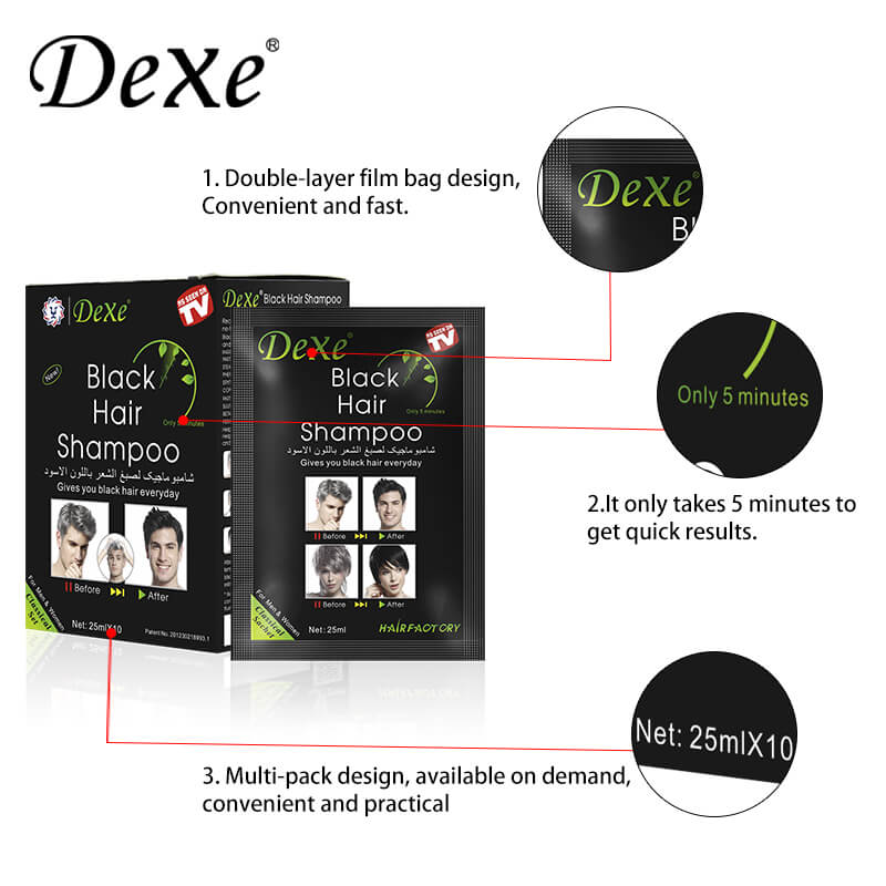 Dexe Black Hair Shampoo packaging with product details 