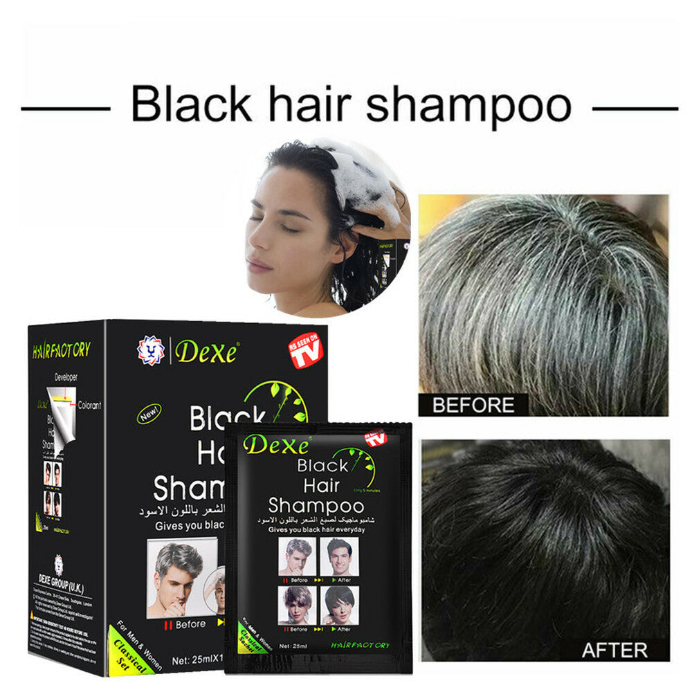 Dexe Black Hair Shampoo packaging with before and after effects on hair.