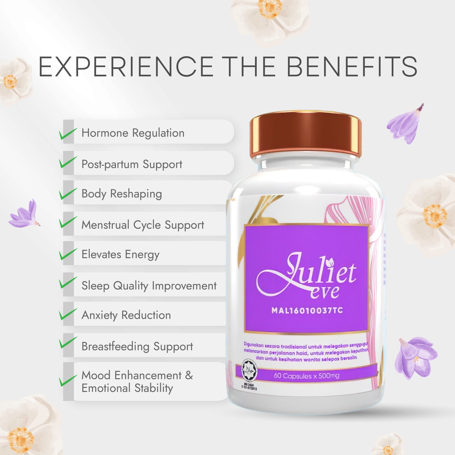 Juliet Eve supplement bottle with benefits listed 