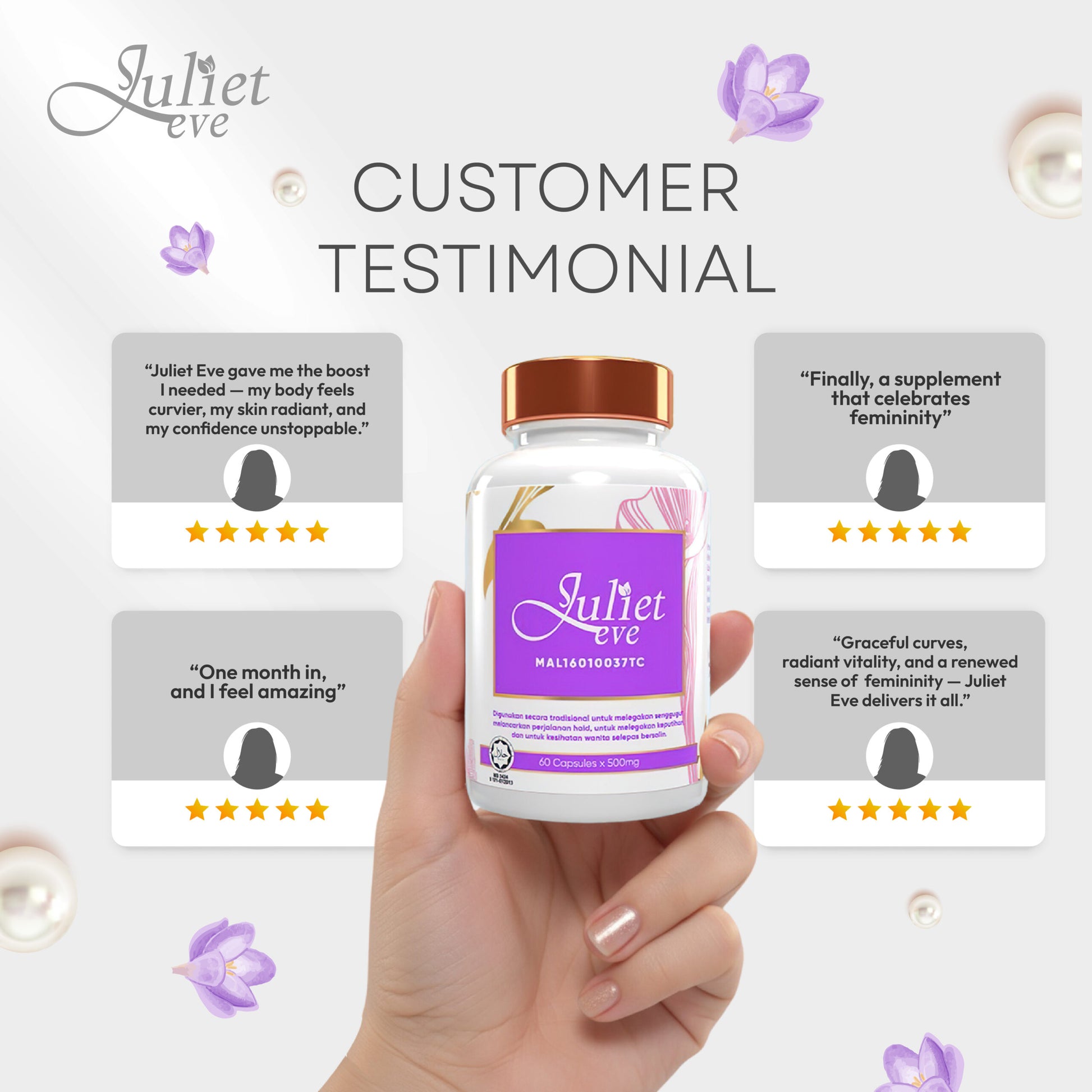  Juliet Eve supplement bottle with customer testimonials