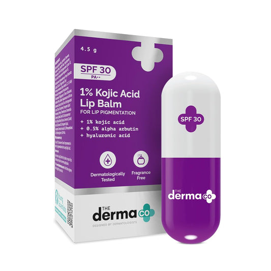 Purple lip balm with SPF 30 and packaging displaying 'The derma co' on a white background.