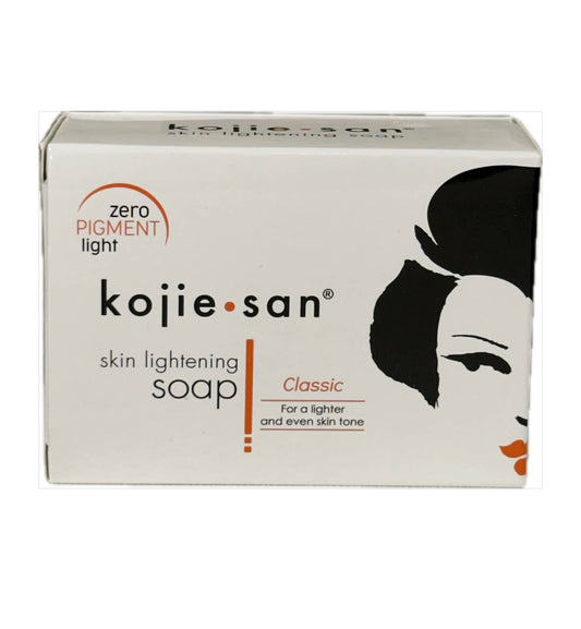 Kojie San skin lightening soap packaging on a white background