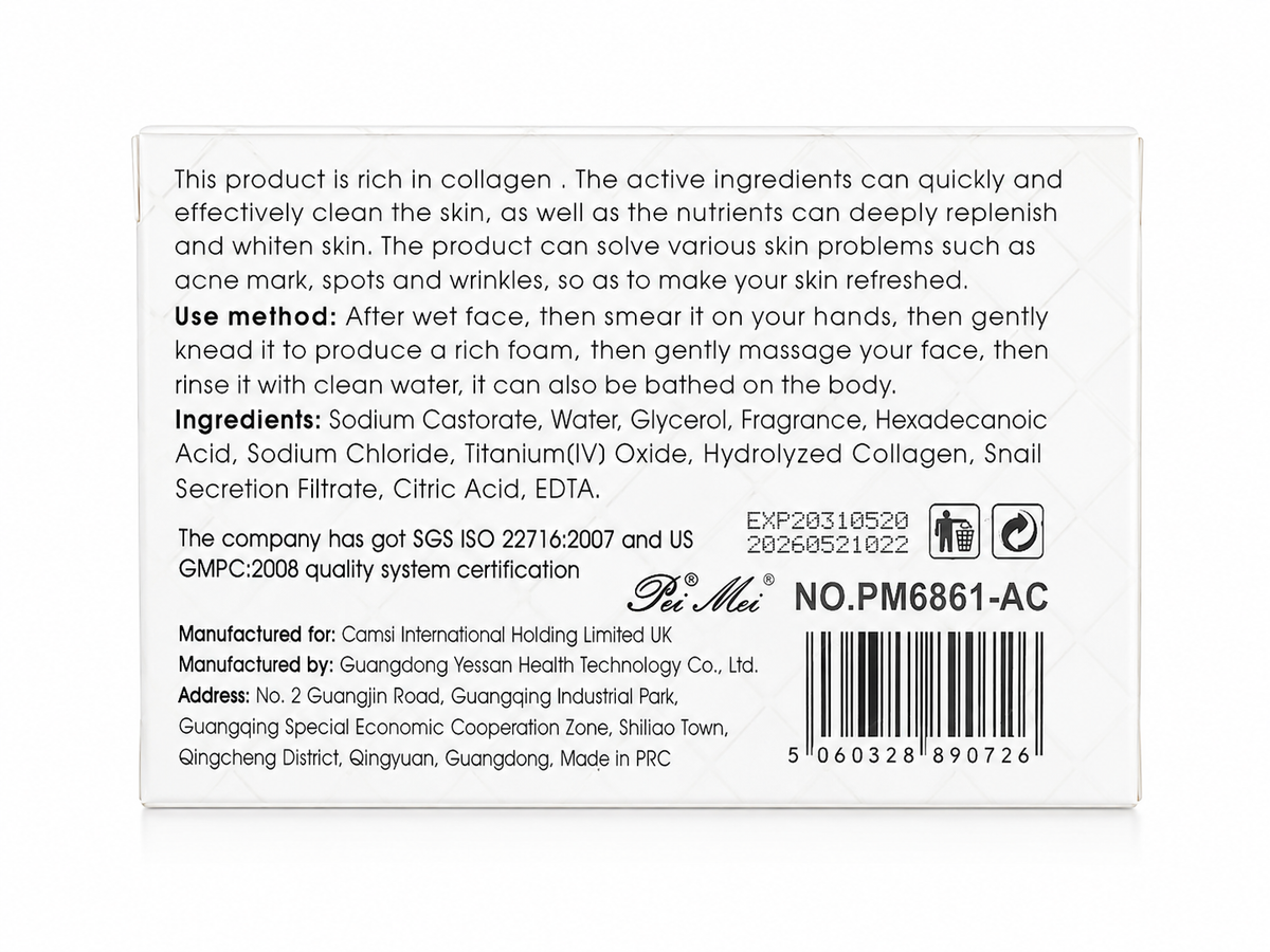 Korean Collagen  Snail Soap for Glowing Skin & Fine Lines Reduction back view