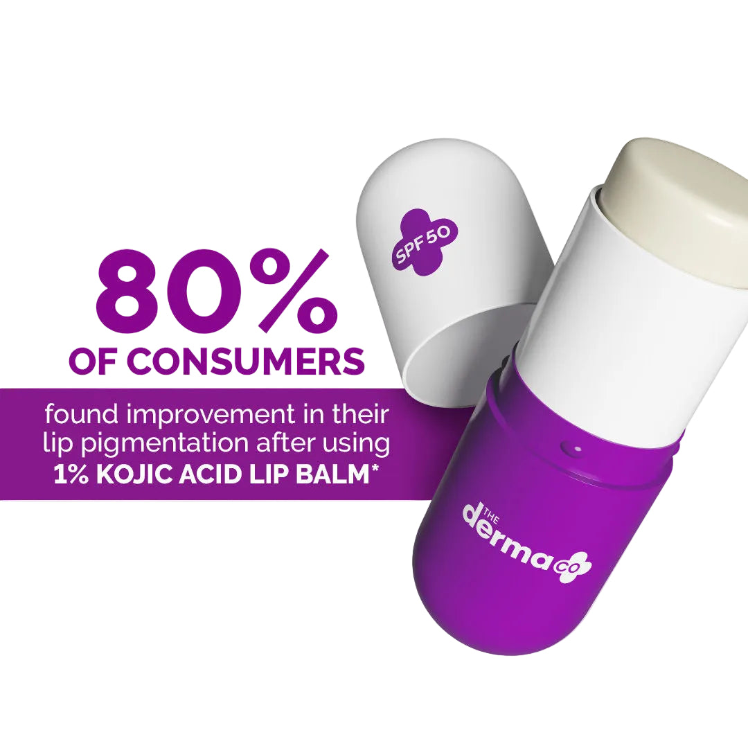 Lip balm with SPF 50 and Kojic Acid, featuring The Derma Co branding.