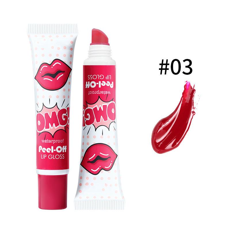 Peel-off lip gloss with maroon color swatch 