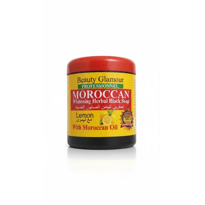 Moroccan Whitening Herbal Black Soap container with lemon flavor 