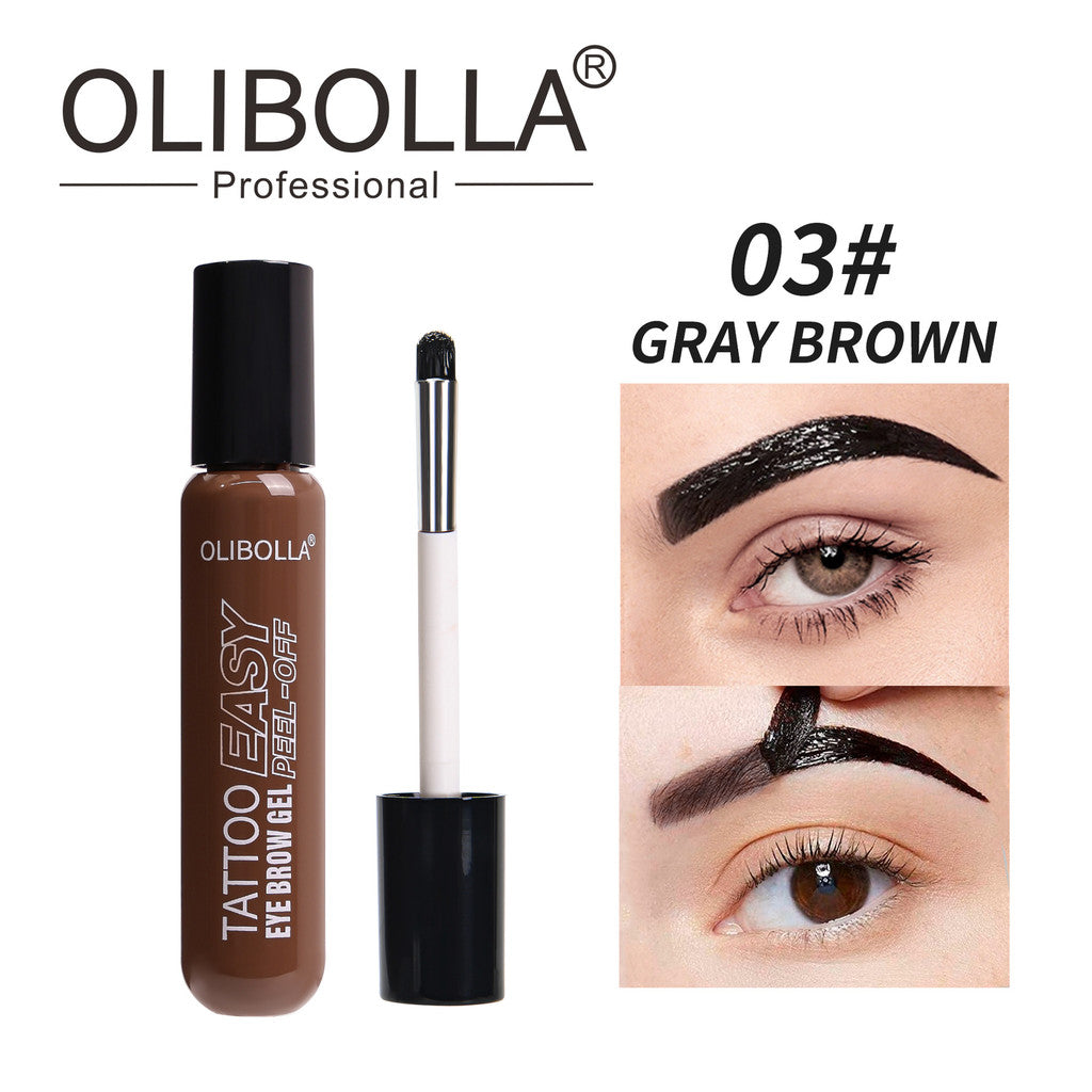 Olibolla tattoo easy eye brow gel with applicator and before-and-after effect on eyebrows.
