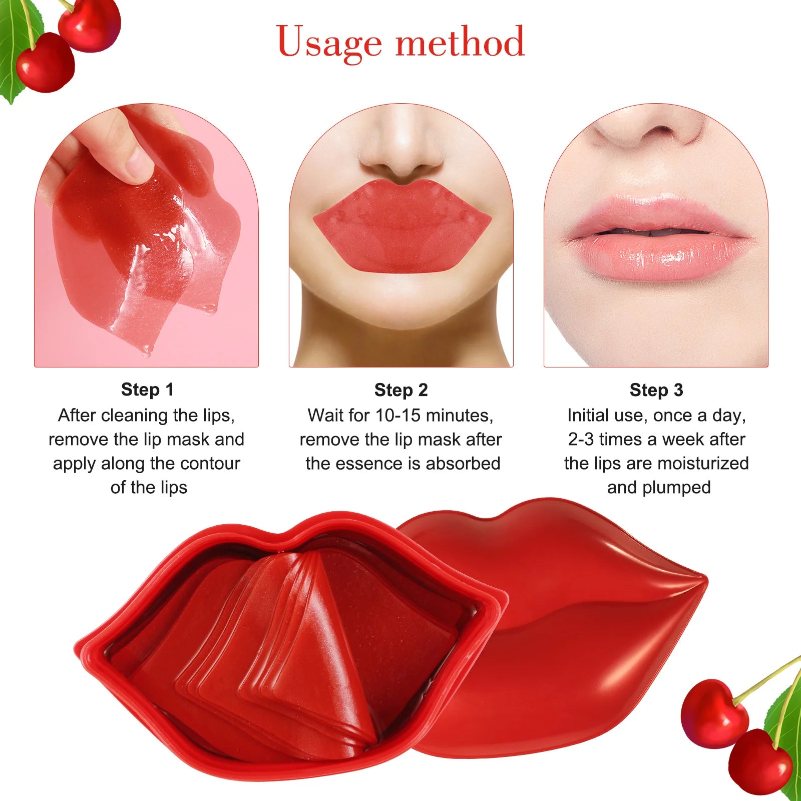 Lip mask usage method with steps and product on a white background