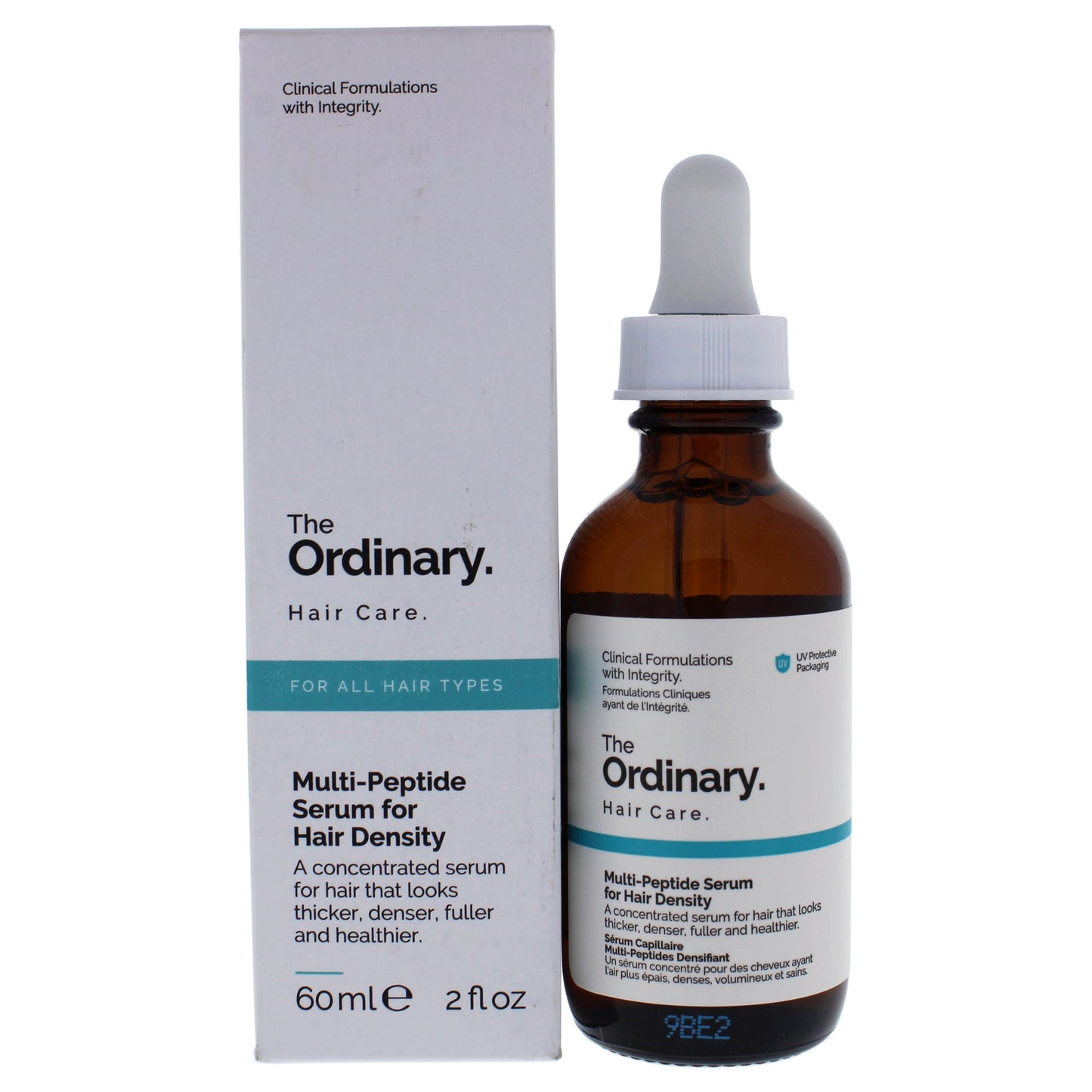 The Ordinary Multi-Peptide Serum for Hair Density shown with its white and teal packaging box and an amber glass dropper.