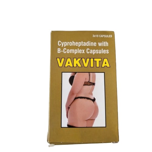 Box of Vakvita capsules with a visible model wearing a black lace garment on a white background