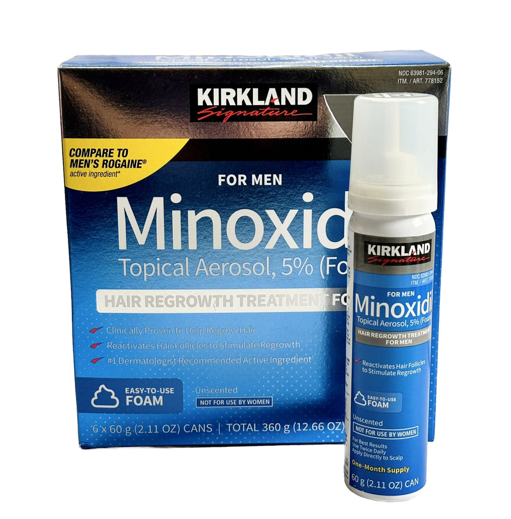 Kirkland Minoxidil hair regrowth treatment packaging and bottle 