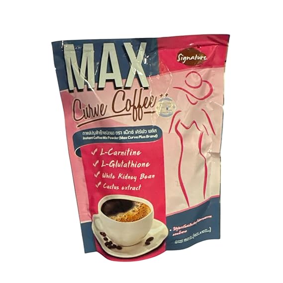 Max Curve Coffee package with coffee cup and health benefits listed on a white background
