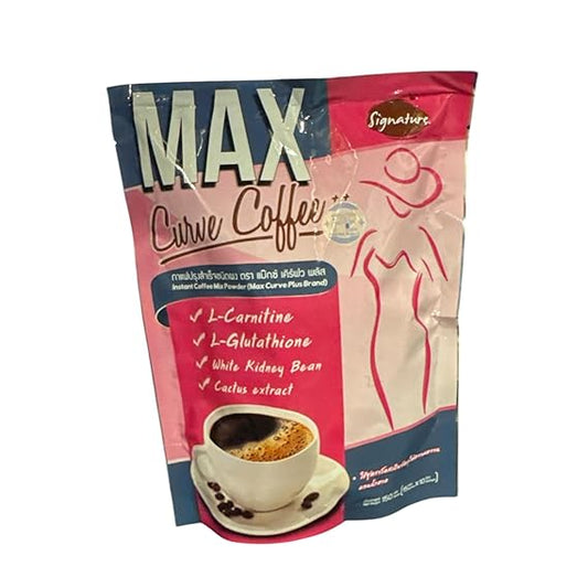 Max Curve Coffee package with coffee cup and health benefits listed on a white background